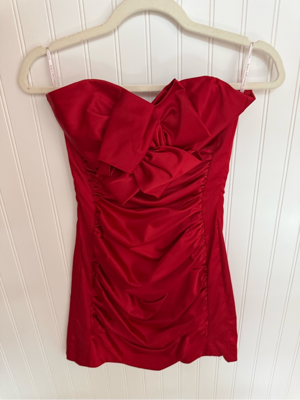 Vintage Strapless Red Satin Cocktail Dress with Bow Detail